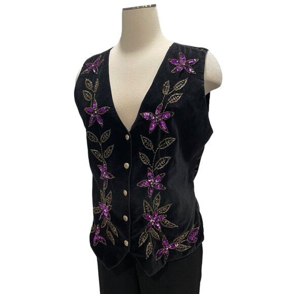 Vintage Jane Ashley Black Velvet Floral Sequin Vest L Boho Chic Festival Holiday - Picture 8 of 12